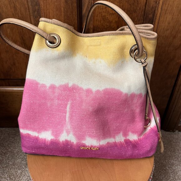 Calvin Klein Reversible Tote Bag - (1) Yellow, Ivory, Pink & Fuchsia & (2) Tan - Picture 1 of 14